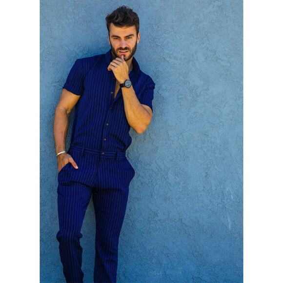 NEW! RomperJack Men's M Navy Chateaux Pinstripe Jumpsuit Slim Short Sleeve Blue - Picture 3 of 9